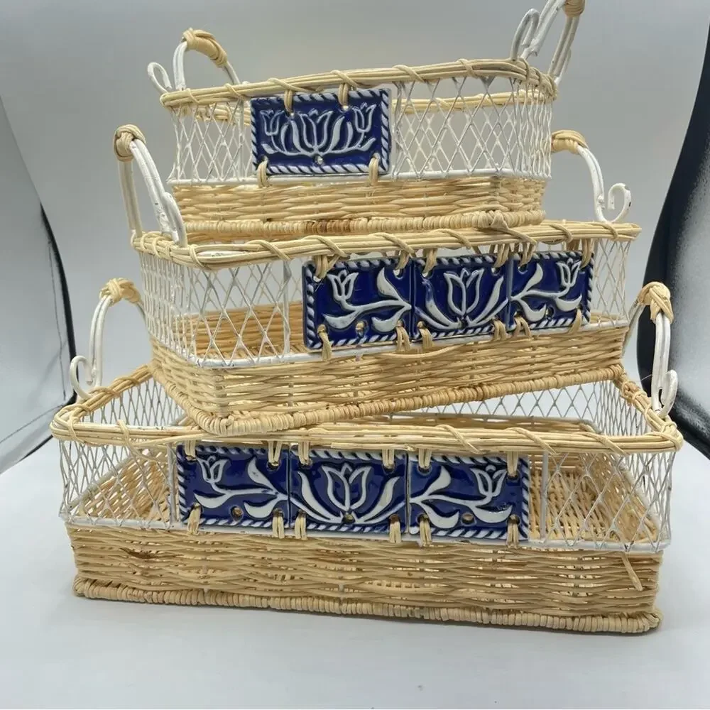Vintage Three Piece Rectangle Woven Basket With Blue Porcelain Tile Accents